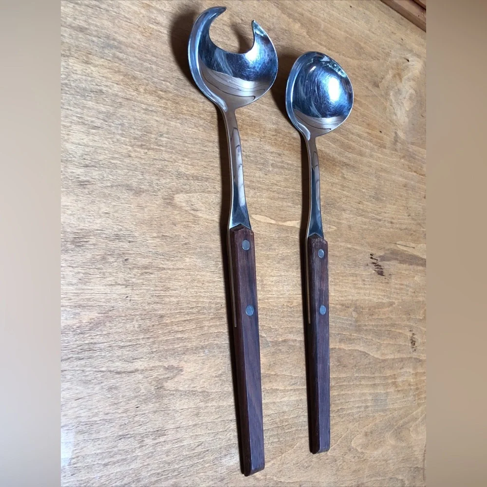 WMF CROMARGAN Wood & Stainless Steel Salad Fork & Spoon Serving Utensils Set MCM
